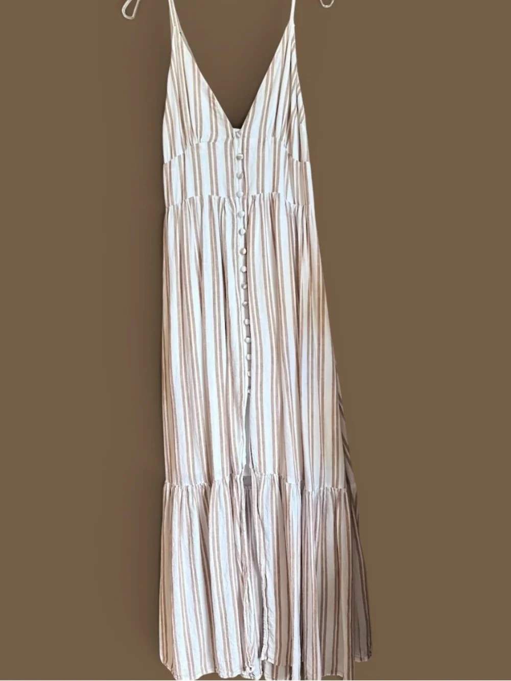 Abercrombie & Fitch White Tan Striped Button-Front Cotton Flowy Maxi Dress, XS